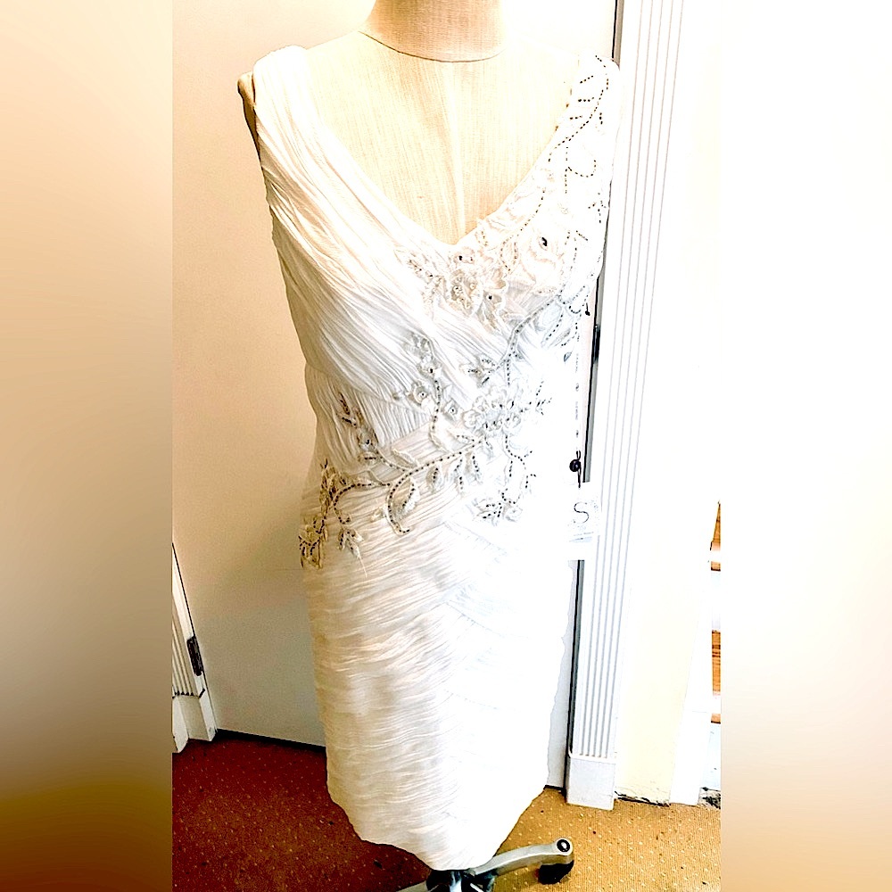 Sue Wong, NWT, White, Beaded Cocktail Dress, Size 8
